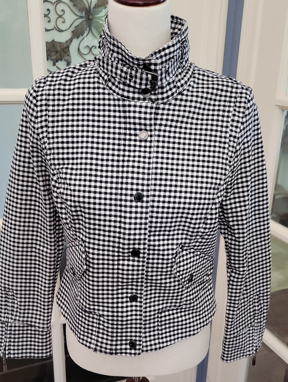 WHITE HOUSE BLACK MARKET Gingham Military-Inspired Moto Jacket | Size: 6P
